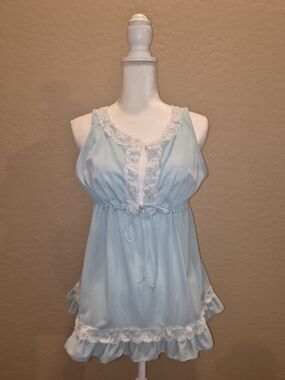 Light Blue Lace-Trim Sleep Chemise with Drawstring Waist
